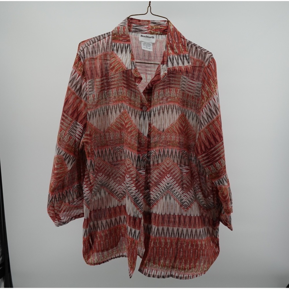 BonWorth Womens Red Geometric‎ Zig Zag Roll Tab Sleeve Button Up Blouse Small